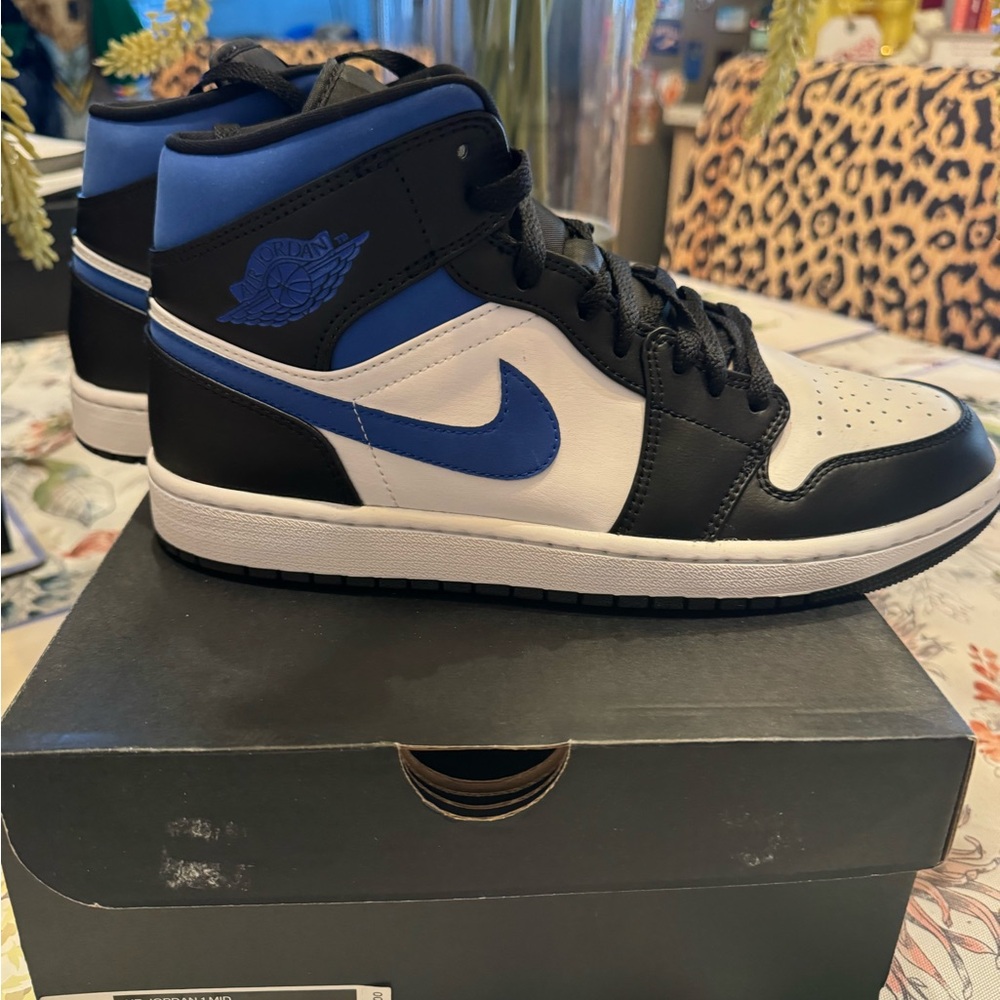 Jordan 1 Mid White Black and Racer Blue Men's Sneakers